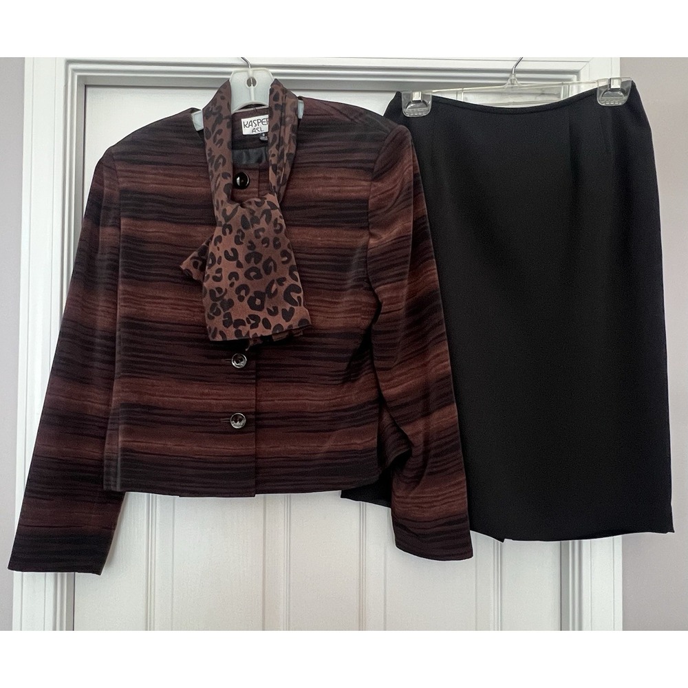 VTG Kasper Black Brown Women's Suit Blazer Skirt Leopard Scarf Office Work Wear